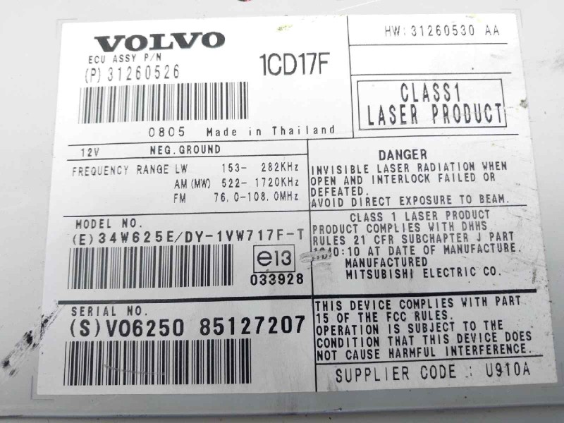 Recambio de sistema audio / cd para volvo v50 familiar 2.0 d momentum referencia OEM IAM 31260526  