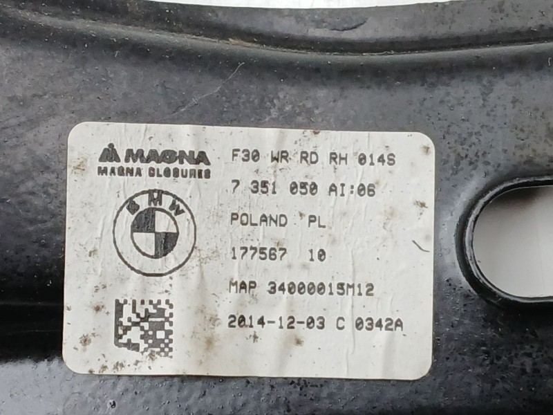 Recambio de elevalunas trasero derecho para bmw 3 (f30, f80) 318 d referencia OEM IAM 7351050  M14647PD1