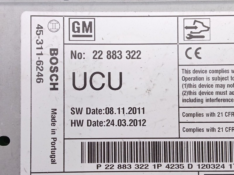 Recambio de sistema audio / cd para opel zafira tourer c (p12) 2.0 cdti (75) referencia OEM IAM 22883322  